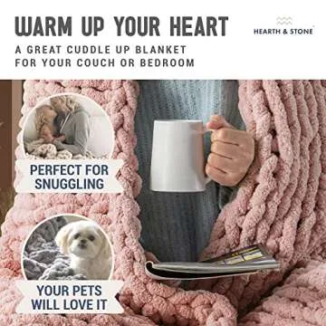 Chunky Knit Blanket Throw - 50"x60" 3.7 lbs.- Soft Chenille Yarn Knitted Blanket -Machine Washable Crochet Blanket - Handmade Cable Knit Throw Blanket for Couch, Bed (Blush Pink)