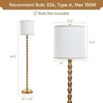 EUO 64.5" Gold Floor Lamp for Living Room, Gold Bamboo Floor Lamps for Bedroom, Tall Skinny Lamp for Home Decor, Mid Century Antique Floor Lamps with White Lampshade, Gold Standing Lamp for Corner