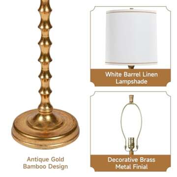 EUO 64.5" Gold Floor Lamp for Living Room, Gold Bamboo Floor Lamps for Bedroom, Tall Skinny Lamp for Home Decor, Mid Century Antique Floor Lamps with White Lampshade, Gold Standing Lamp for Corner