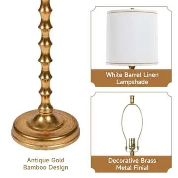 EUO 64.5" Gold Floor Lamp for Living Room, Gold Bamboo Floor Lamps for Bedroom, Tall Skinny Lamp for Home Decor, Mid Century Antique Floor Lamps with White Lampshade, Gold Standing Lamp for Corner