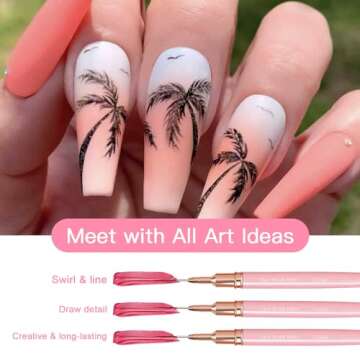 Komall Metallic Nail Art Brushes, 5Pcs Liner Brush Set, UV Gel Polish Painting Art Design Pen for Long Lines, Thin Details, Fine Drawing Sizes 4/8/12/20/25mm(Pink)