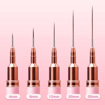 Komall Metallic Nail Art Brushes, 5Pcs Liner Brush Set, UV Gel Polish Painting Art Design Pen for Long Lines, Thin Details, Fine Drawing Sizes 4/8/12/20/25mm(Pink)