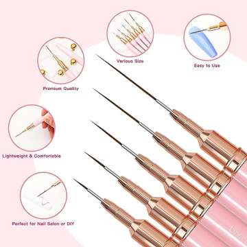 Komall Metallic Nail Art Brushes, 5Pcs Liner Brush Set, UV Gel Polish Painting Art Design Pen for Long Lines, Thin Details, Fine Drawing Sizes 4/8/12/20/25mm(Pink)