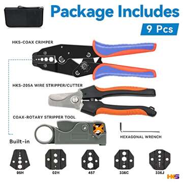 HKS Coax Ratchet Crimping Tool Kit for Coaxial RG Cable RF Connector with 5 Changeable Dies, Rotary ...