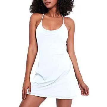 Women's Exercise Workout Dress with Built-in Bra & Shorts Sleeveless Tennis Golf Athletic Dress with Pockets White S