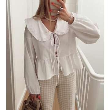 Women Y2k Puff Sleeve Peplum Shirts Bow Tie Front Blouse Flared Ruffle Hem Babydoll Tops Cute Summer Shirts (Oversized Peter pan Collar White,Small)