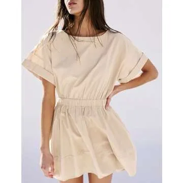Zontroldy Women's Crew Neck Short Sleeve Casual Beach Cotton Mini Dress with Pockets (1246-Beige-S)