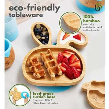 Bamboo Baby Plate with Suction - Kids and Toddler Suction Cup Plate for Babies, Non-toxic All-Natural Bamboo Baby Food Plate Stays Cool to the Touch for Baby-Led Weaning (Bunny-Cherry)