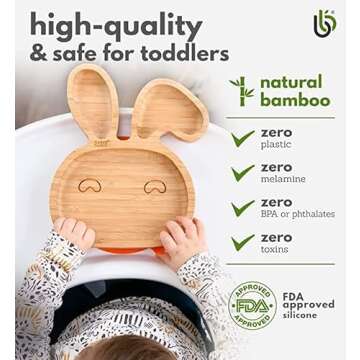 Bamboo Baby Plate with Suction - Kids and Toddler Suction Cup Plate for Babies, Non-toxic All-Natural Bamboo Baby Food Plate Stays Cool to the Touch for Baby-Led Weaning (Bunny-Cherry)