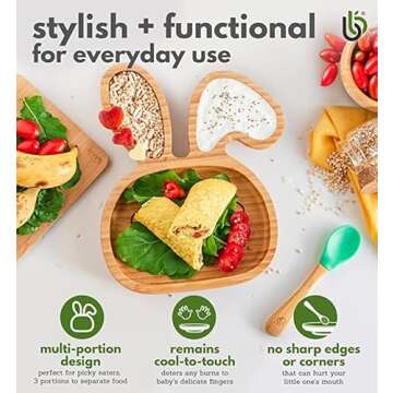 Bamboo Baby Plate with Suction - Kids and Toddler Suction Cup Plate for Babies, Non-toxic All-Natural Bamboo Baby Food Plate Stays Cool to the Touch for Baby-Led Weaning (Bunny-Cherry)