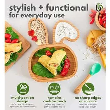 Bamboo Baby Plate with Suction - Kids and Toddler Suction Cup Plate for Babies, Non-toxic All-Natural Bamboo Baby Food Plate Stays Cool to the Touch for Baby-Led Weaning (Bunny-Cherry)