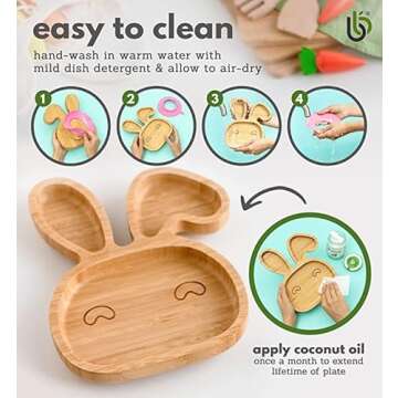 Bamboo Baby Plate with Suction - Kids and Toddler Suction Cup Plate for Babies, Non-toxic All-Natural Bamboo Baby Food Plate Stays Cool to the Touch for Baby-Led Weaning (Bunny-Cherry)