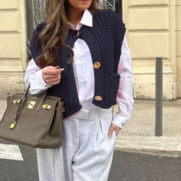 Hixiaohe Womens Crochet Chunky Knit Top Sleeveless Button Down Crop Tops Trendy Cardigan Sweater Vest for Women with Pockets(Navy,L)