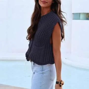 Hixiaohe Womens Crochet Chunky Knit Top Sleeveless Button Down Crop Tops Trendy Cardigan Sweater Vest for Women with Pockets(Navy,L)