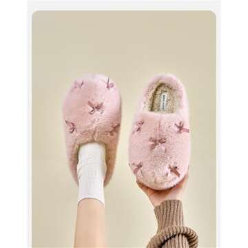 Uewidiod Women's Cute Plush Home Slippers Butterfly Knot Cotton Slippers Comfortable Thick Bottom Outdoor Slippers Winter Indoor Soft Warm Slippers (Pink, Adult, Women, 8, Numeric Range, US Footwear Size System, 9, Medium)