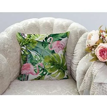 TSSOHU Watercolor Flamingo Tropical Green Pink Pillow Cover 18x18 Inch Farmhouse Decorative Throw Pi...