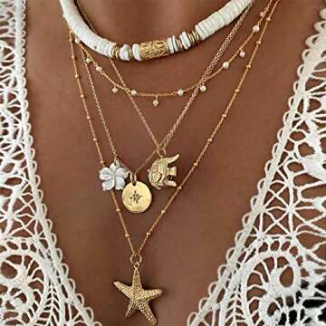 Dcfywl731 Seashell Necklace for Women Gold Conch Shell Necklace Layered Shell Flower Starfish Charm ...