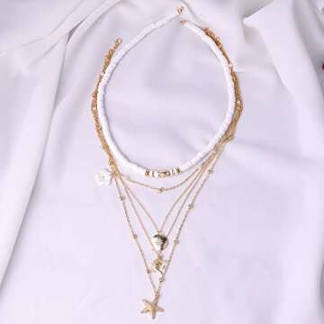 Dcfywl731 Seashell Necklace for Women Gold Conch Shell Necklace Layered Shell Flower Starfish Charm Necklace Puka Shell Necklace Summer Beach Surfer Jewelry Outfits Accessories