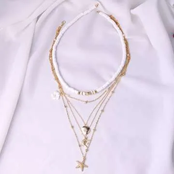 Dcfywl731 Seashell Necklace for Women Gold Conch Shell Necklace Layered Shell Flower Starfish Charm Necklace Puka Shell Necklace Summer Beach Surfer Jewelry Outfits Accessories