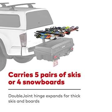 Yakima EXO SnowBank 5 Ski or 4 Snowboard Universal Car Mount Travel Roof Rack with Double Joint Hinge, SKS Lock, and 1 Button Access, Black