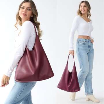 Hobo Bags for Women Soft Vegan Leather Shoulder Handbag Slouchy Tote Purses (Dark Red)