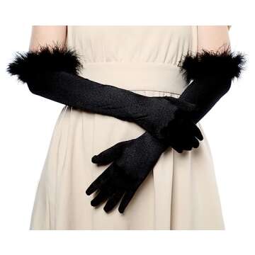 BABEYOND Long Satin Opera Gloves Pageant Feather Gloves 1920s Stretchy Elbow Length Gloves for Halloween Costume Party
