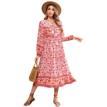 R.Vivimos Women's Long Sleeve Floral Print Retro V Neck Tassel Bohemian Midi Dresses