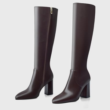 Adrizzlein Knee High Boots Chunky Heel Round Toe Tall Boots for Women Wide Calf Block High Heel Boots Women Knee High Side Zipper Long Boots Brown Size 6