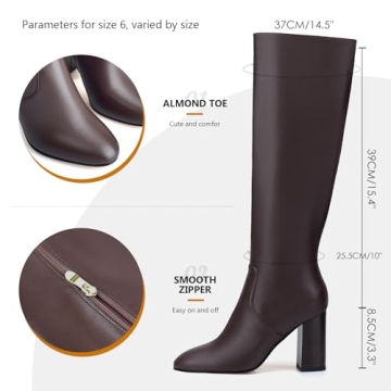 Adrizzlein Knee High Boots Chunky Heel Round Toe Tall Boots for Women Wide Calf Block High Heel Boots Women Knee High Side Zipper Long Boots Brown Size 6