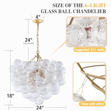 BeyPan Bubble Glass Chandelier Pendant Lights Fixture Dia 24 inch Round Swirled Clear Blown Glass Ribbed Globe Decorative Lighting Fixture for Living Room Bedroom Dining Room Island