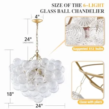 BeyPan Bubble Glass Chandelier Pendant Lights Fixture Dia 24 inch Round Swirled Clear Blown Glass Ribbed Globe Decorative Lighting Fixture for Living Room Bedroom Dining Room Island