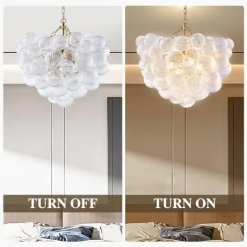 BeyPan Bubble Glass Chandelier Pendant Lights Fixture Dia 24 inch Round Swirled Clear Blown Glass Ribbed Globe Decorative Lighting Fixture for Living Room Bedroom Dining Room Island