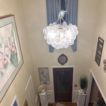 BeyPan Bubble Glass Chandelier Pendant Lights Fixture Dia 24 inch Round Swirled Clear Blown Glass Ribbed Globe Decorative Lighting Fixture for Living Room Bedroom Dining Room Island