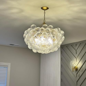 BeyPan Bubble Glass Chandelier Pendant Lights Fixture Dia 24 inch Round Swirled Clear Blown Glass Ribbed Globe Decorative Lighting Fixture for Living Room Bedroom Dining Room Island