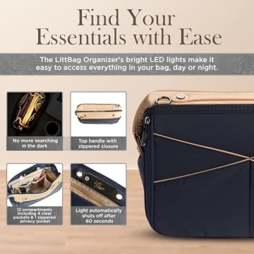 Littbag Handbag Organizer with Patented LED & Auto 60-sec Shutoff - Featured in Oprah's Favorite Things – Purse Organizer with 12 Compartments, Clear Pockets, Zippered Privacy Pocket & More (Blue)