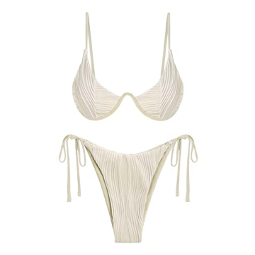 ZAFUL Women's Textured Underwire Bikini Set V Notch High Cut Swimwear Tie Side Ribbed Sexy Swimsuits