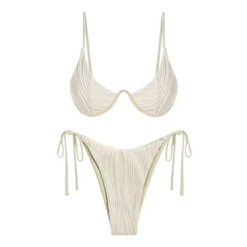 ZAFUL Women's Textured Underwire Bikini Set V Notch High Cut Swimwear Tie Side Ribbed Sexy Swimsuits