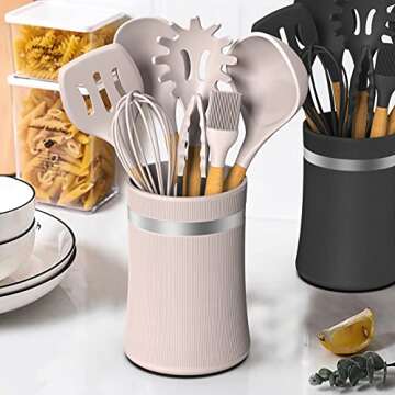 33 PCS Silicone Kitchen Utensils Set, Umite Chef Heat Resistant Cooking Utensils Set With Holder, Wooden Handle Kitchen Gadgets Tools Spatula Set for Nonstick Cookware(BPA Free & Khaki)