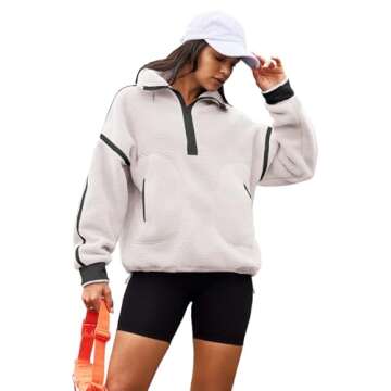 Panadila Womens Half Zip Sherpa Fleece Pullover Soft Oversized Sweatshirt with Pockets Warm Fuzzy Sweater (White,M)