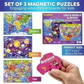 QUOKKA Magnetic Toddler Puzzles Ages 3-5 - 3 Educational Travel Games Puzzles for Kids Ages 4-6 - Space, USA and World Map Learning Toys for Boy and Girl 2-4 Learn United States