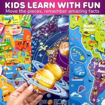 QUOKKA Magnetic Toddler Puzzles Ages 3-5 - 3 Educational Travel Games Puzzles for Kids Ages 4-6 - Space, USA and World Map Learning Toys for Boy and Girl 2-4 Learn United States