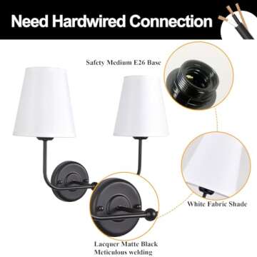 PASSICA DECOR Hardwired 2 Light Modern Armed Wall Sconce with 2pcs Flared White Fabric Shade Double ...