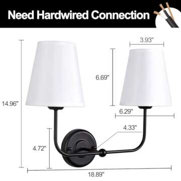 PASSICA DECOR Hardwired 2 Light Modern Armed Wall Sconce with 2pcs Flared White Fabric Shade Double Sconce for Bathroom Vanity Living Room Hallway Stairway Fireplace Farmhouse