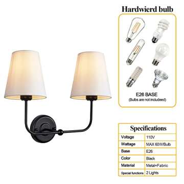 PASSICA DECOR Hardwired 2 Light Modern Armed Wall Sconce with 2pcs Flared White Fabric Shade Double Sconce for Bathroom Vanity Living Room Hallway Stairway Fireplace Farmhouse