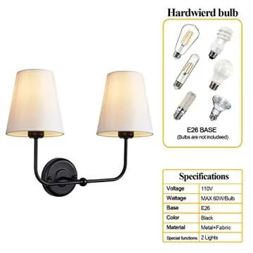 PASSICA DECOR Hardwired 2 Light Modern Armed Wall Sconce with 2pcs Flared White Fabric Shade Double Sconce for Bathroom Vanity Living Room Hallway Stairway Fireplace Farmhouse