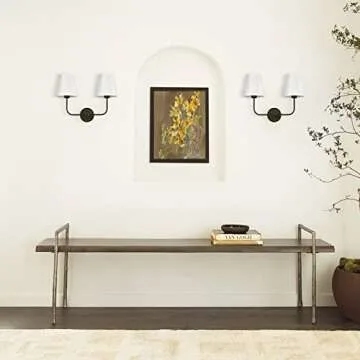 PASSICA DECOR Hardwired 2 Light Modern Armed Wall Sconce with 2pcs Flared White Fabric Shade Double Sconce for Bathroom Vanity Living Room Hallway Stairway Fireplace Farmhouse