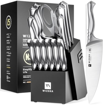 WIZEKA Kitchen Knife Set with Block, Razor Sharp 15 Pcs Professional Chef Knife Set with Knife Sharp...