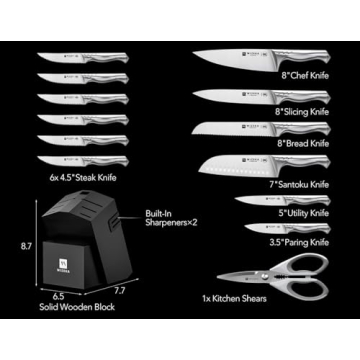 WIZEKA Kitchen Knife Set with Block, Razor Sharp 15 Pcs Professional Chef Knife Set with Knife Sharpener, Food Grade German Stainless Steel Knife Block Set, Jaguar Series