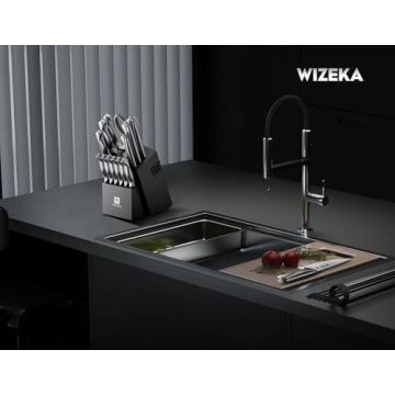 WIZEKA Kitchen Knife Set with Block, Razor Sharp 15 Pcs Professional Chef Knife Set with Knife Sharpener, Food Grade German Stainless Steel Knife Block Set, Jaguar Series