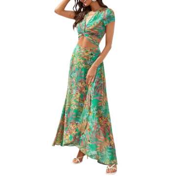 Floerns Women's 2 Piece Boho Twist Front Top and High Split Maxi Skirt Set